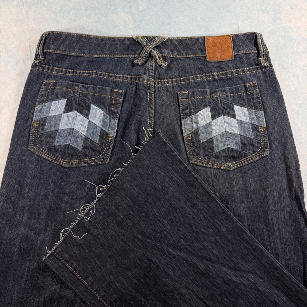 BCBGeneration Wide Leg Jeans Womens 29 Dark Blue Good Patchwork Raw Hem